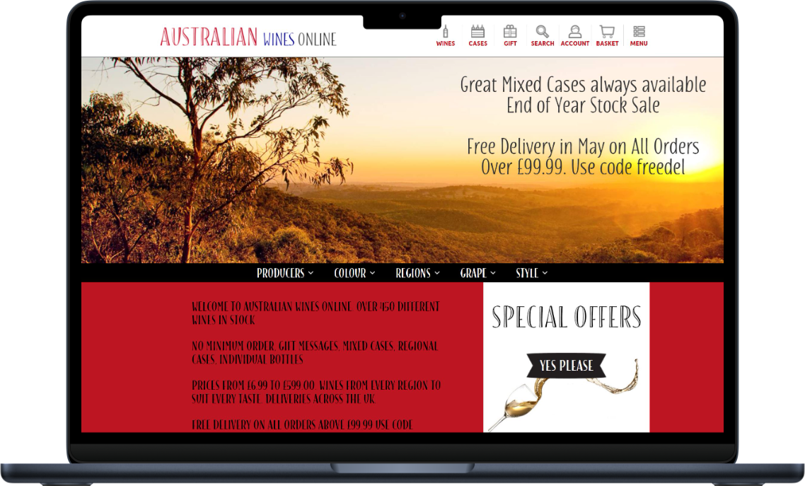 Australian Wines Online website home page on Laptop