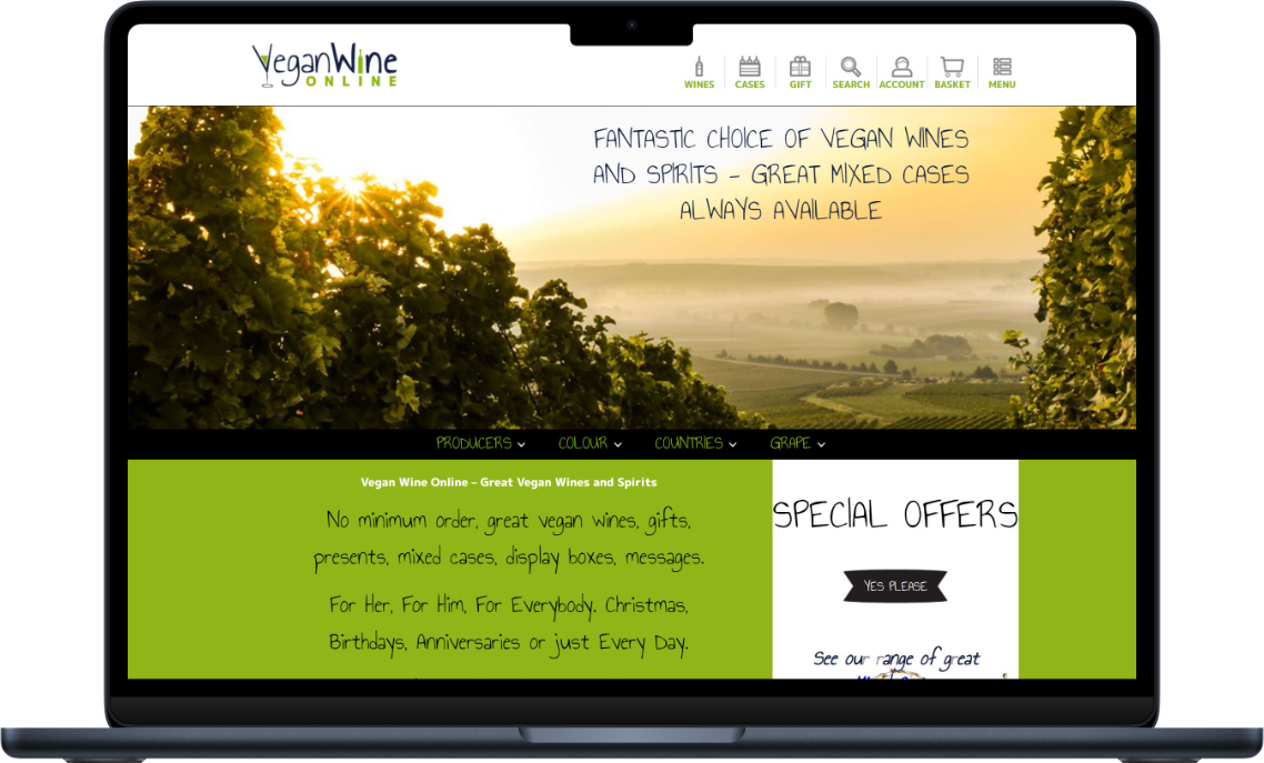 Vegan wines website home page on laptop