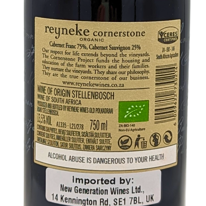 Back label of a Bottle of Reyneke Cornerstone Red
