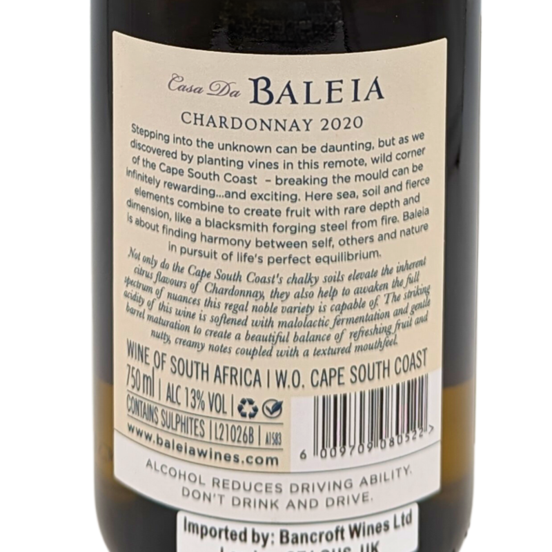 back label of bottle of baleia-chardonnay
