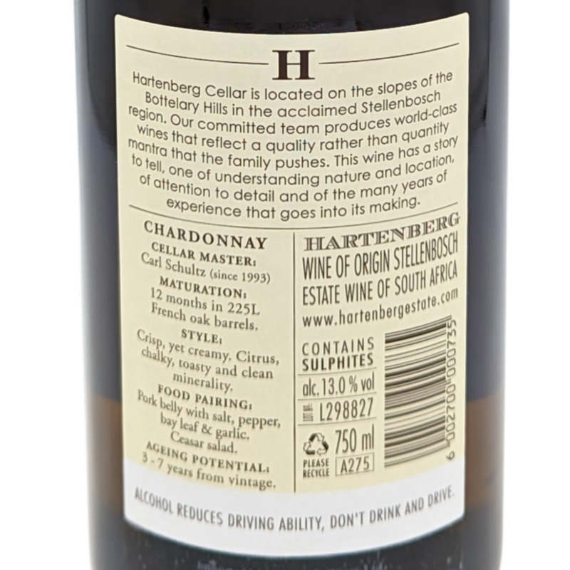 back label of a bottle of Hartenberg Chardonnay