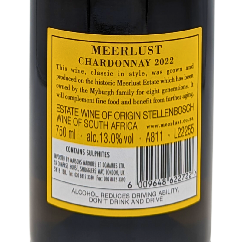 Back label of a Bottle of Meerlust Chardonnay