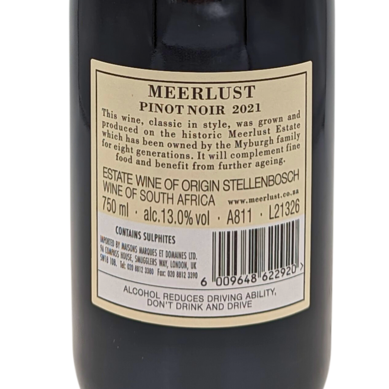 Back label of a Bottle of Meerlust Pinot Noir