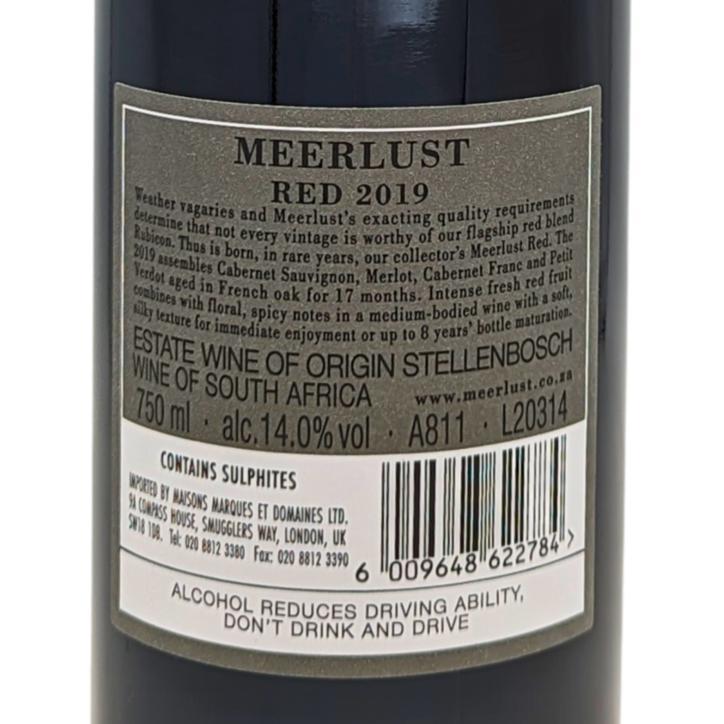 Back label of a Bottle of Meerlust Red