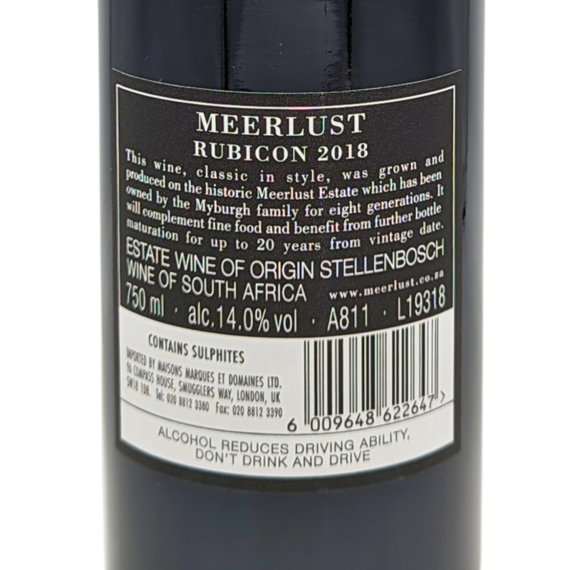 Back label of a bottle of Meerlust Rubicon