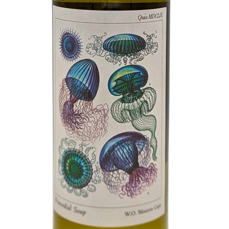 Front of a Bottle of Primordial Soup White Wine
