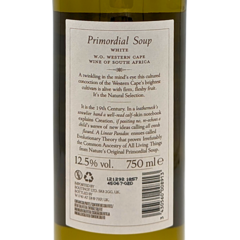 Back label of a Bottle of Primordial Soup White Wine