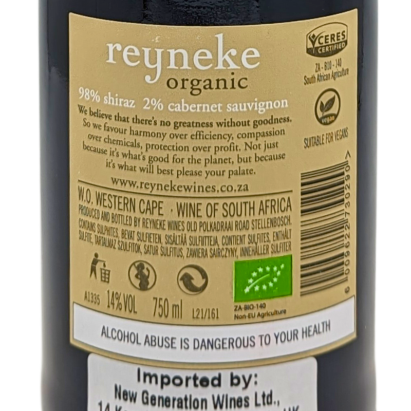 Back label of a Bottle of Reyneke Organic Red