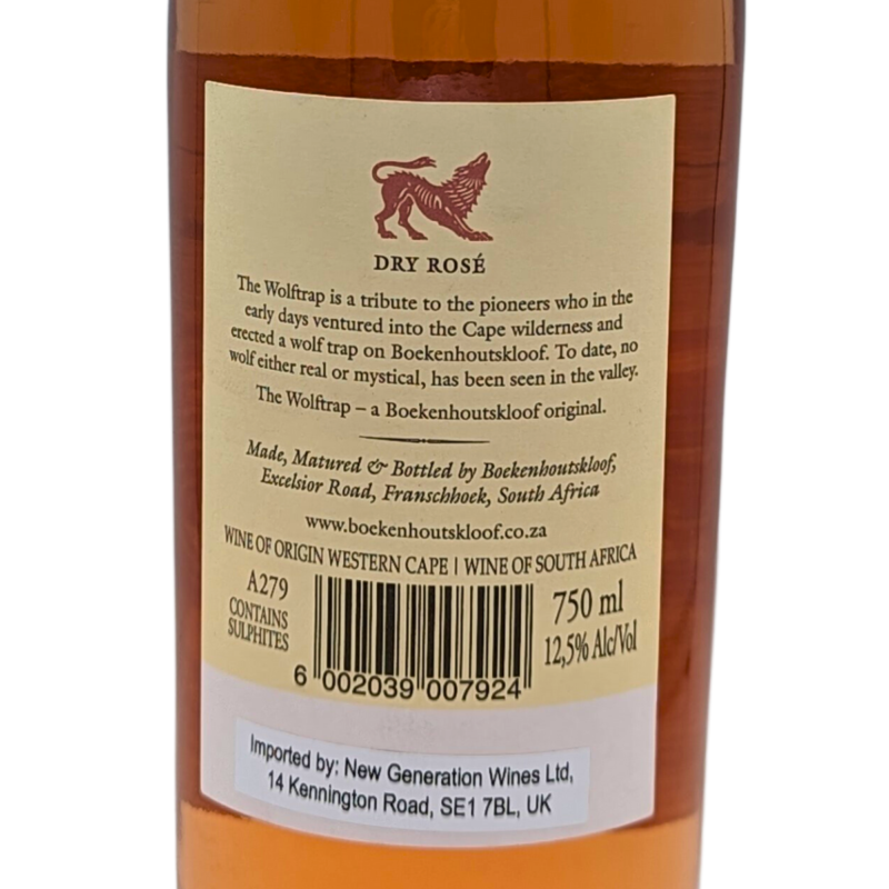 Back label of a bottle of The Wolftrap Rose