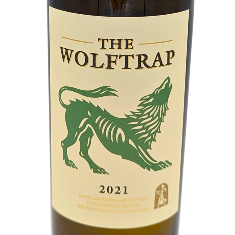 Front label of a bottle of The Wolftrap White