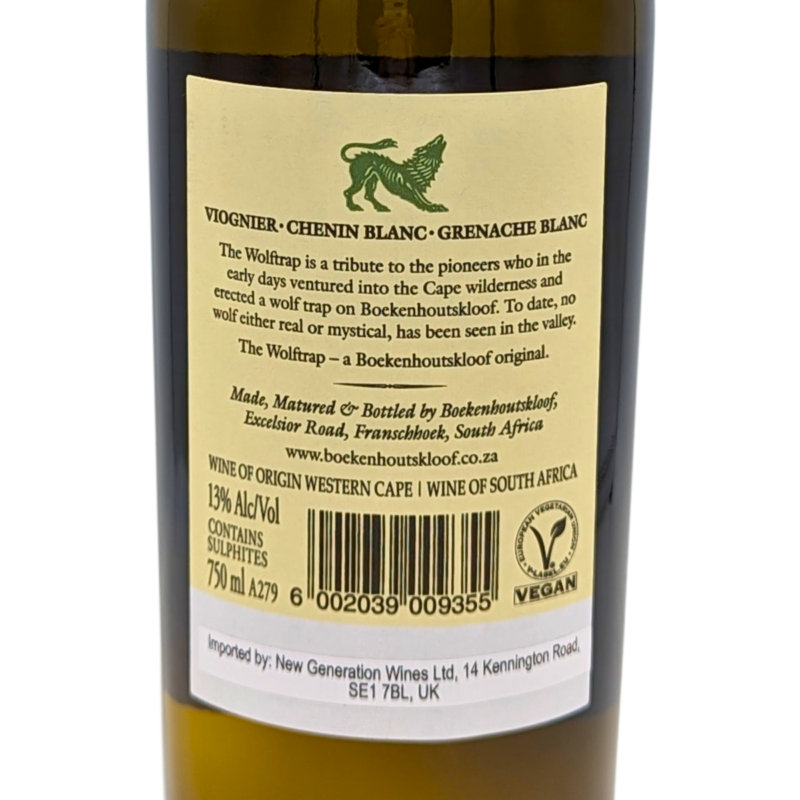 Back label of a bottle of The Wolftrap White
