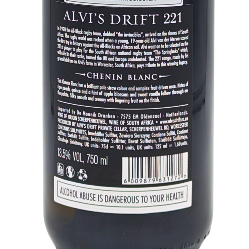 back label of a bottle of Alvi's Drift Chenin blanc 221