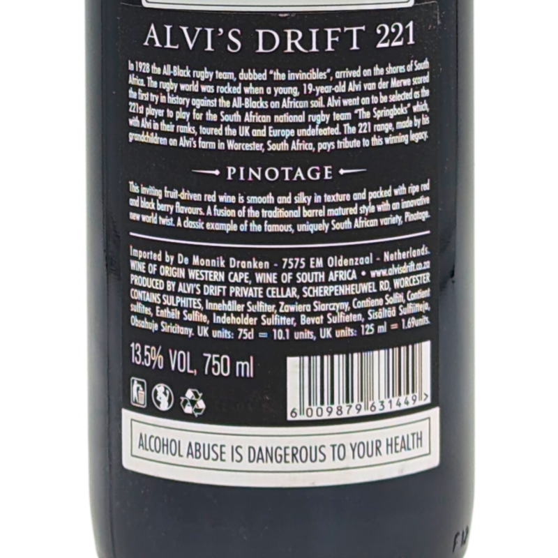 Back label of a bottle of Alvi's Drift Pinotage 221