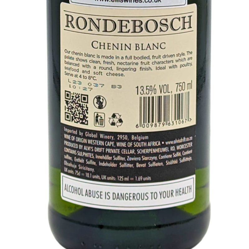 back label of a bottle of Alvi's Drift Rondebosch Chenin Blanc