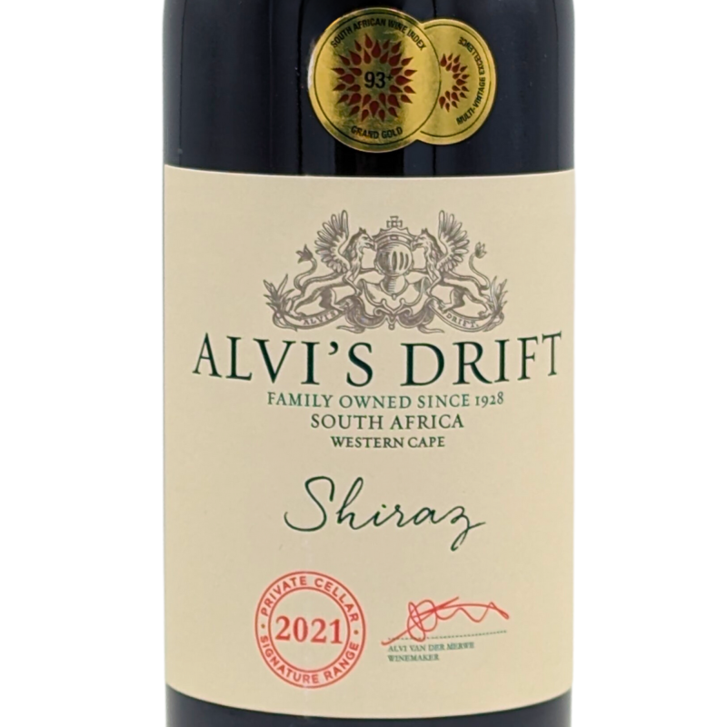 Front label of a bottle of Alvi's Drift Signature Shiraz