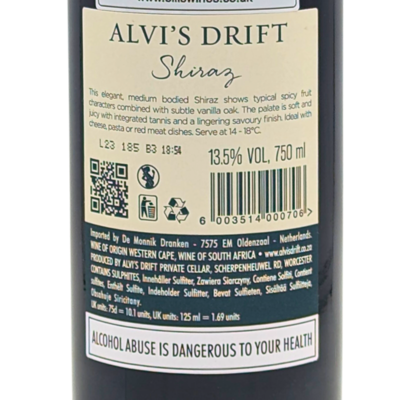Back label of a bottle of Alvi's Drift Signature Shiraz