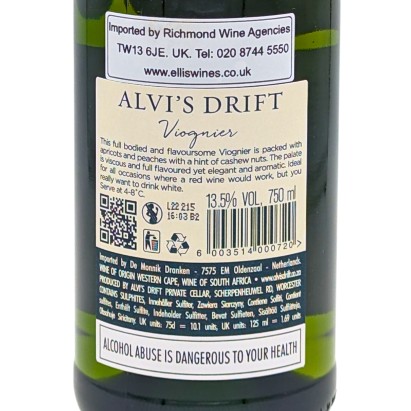 Back label of a Bottle of Alvi's Drift Signature Viognier
