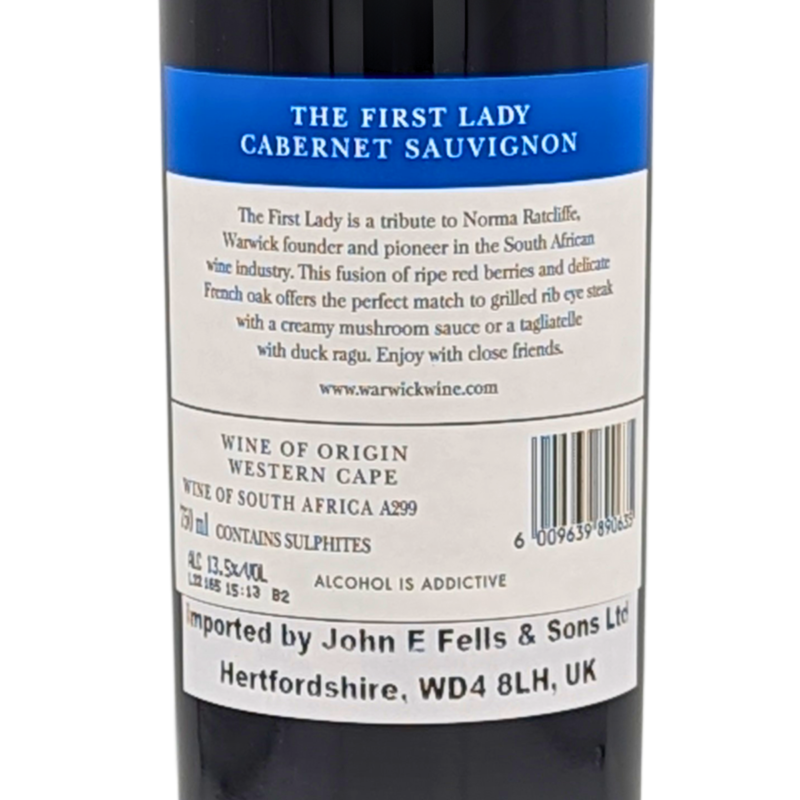 Back label of a bottle of Warwick First Lady Cabernet Sauvignon