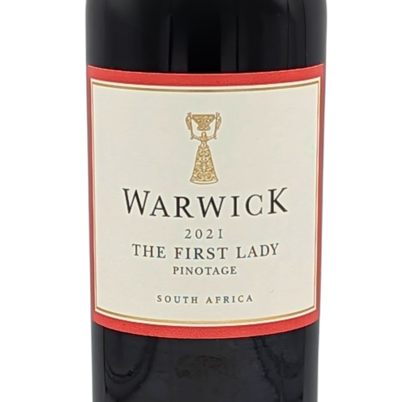 Front label of a bottle of Warwick First Lady Pinotage