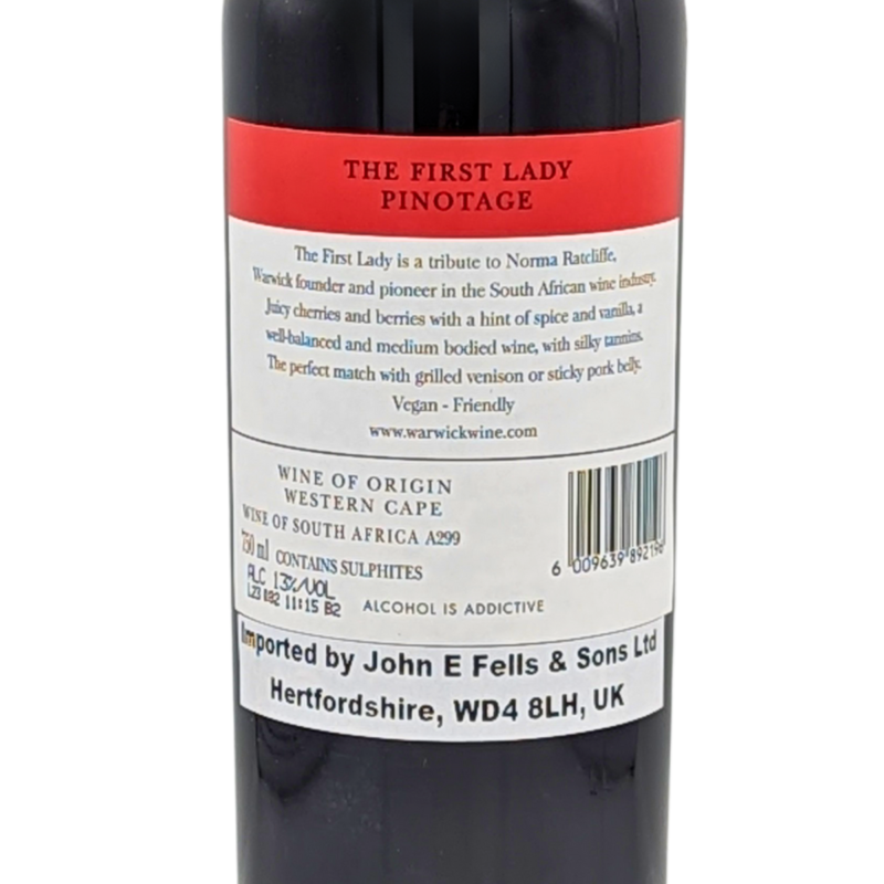 back label of a bottle of Warwick First Lady Pinotage