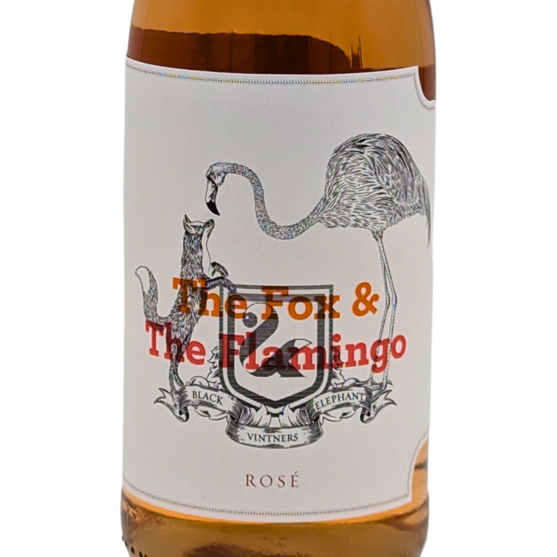front label of a bottle of Fox and Flamingo Rose