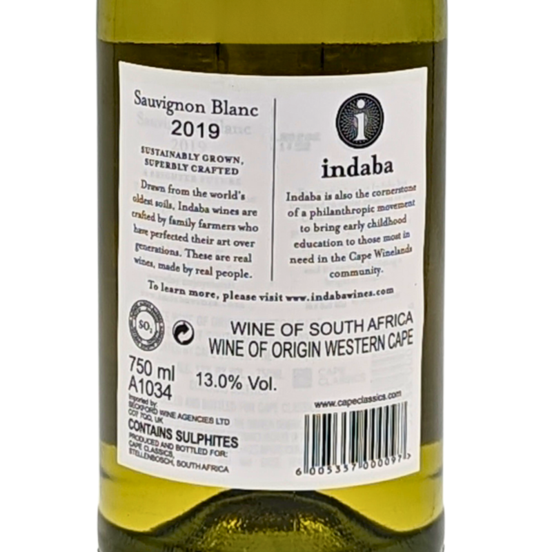 Back label of a bottle of Indaba Sauvignon Blanc