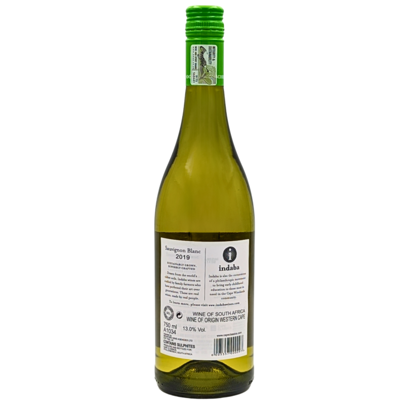 Back of a bottle of Indaba Sauvignon Blanc