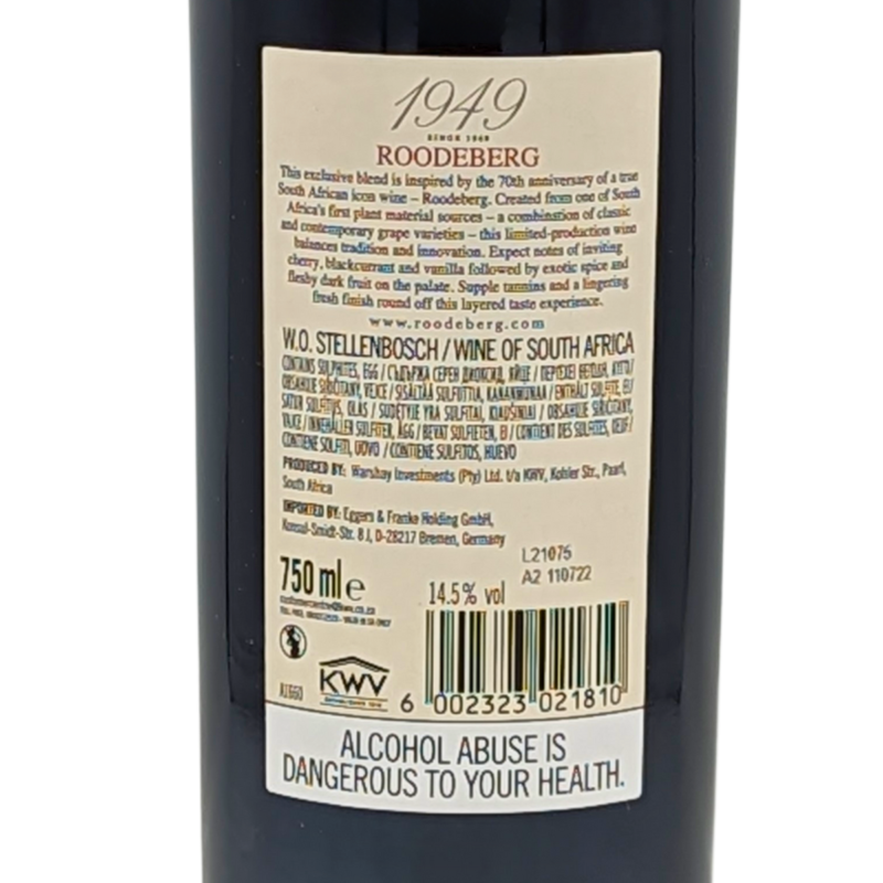 back label of a bottle of roodeberg1949