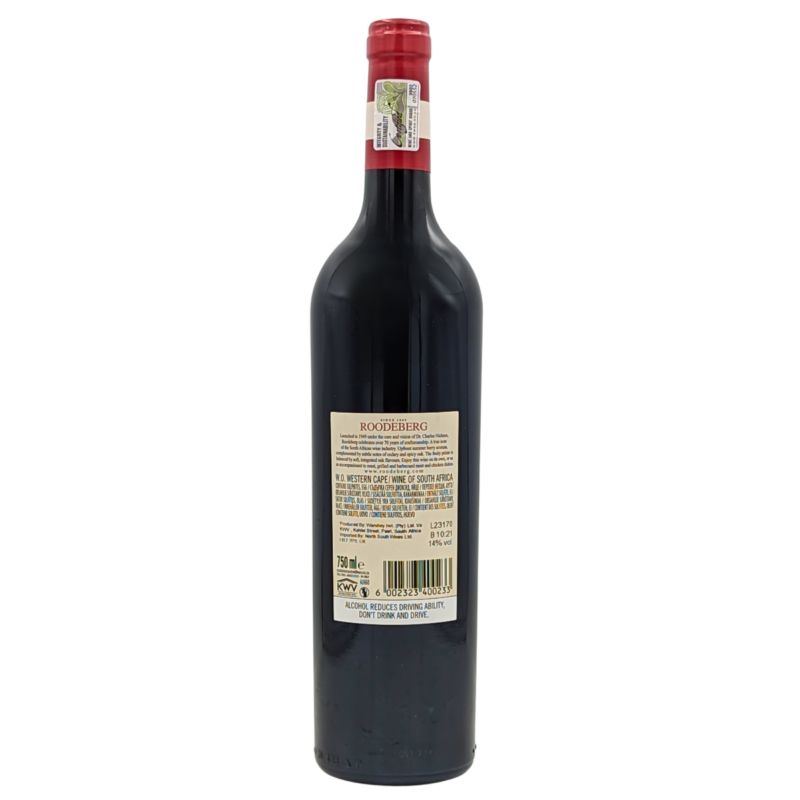 back of a bottle of roodeberg red wine blend