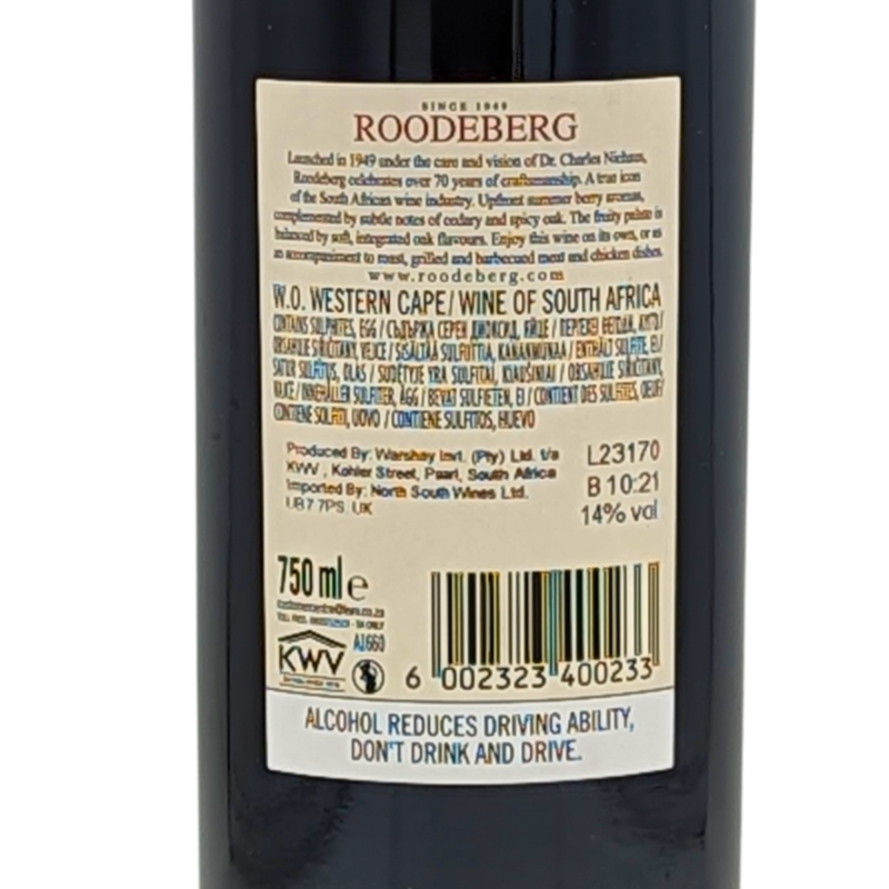 back label of a bottle of roodeberg red wine blend