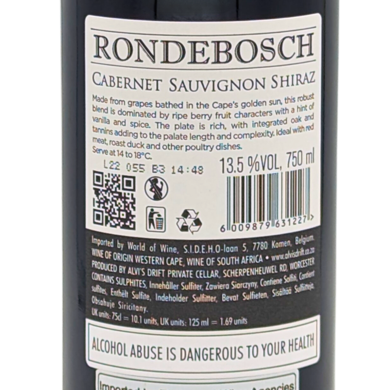 back label of a bottle of Rondebosch Cabernet Shiraz by Alvi's Drift