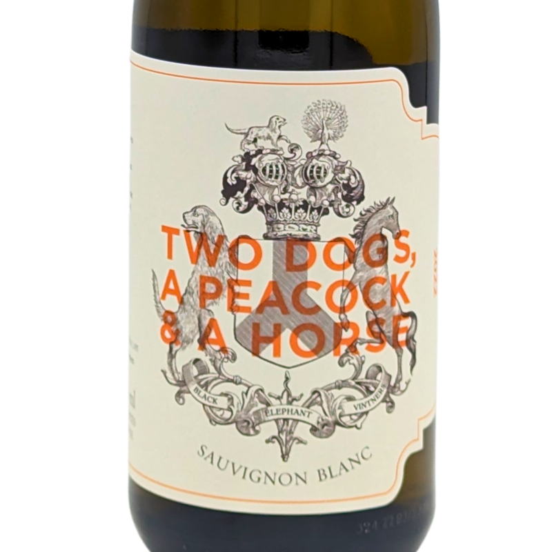 front label of a bottle of Two Dogs a Peacock and a Horse Sauvignon Blanc