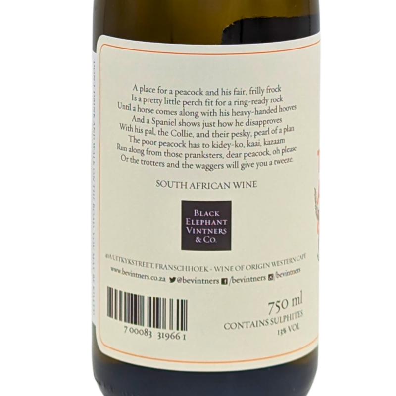 back label of a bottle of Two Dogs a Peacock and a Horse Sauvignon Blanc