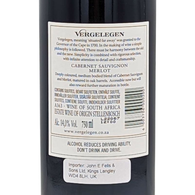 back label of a bottle of Vergelegen Premium CSM