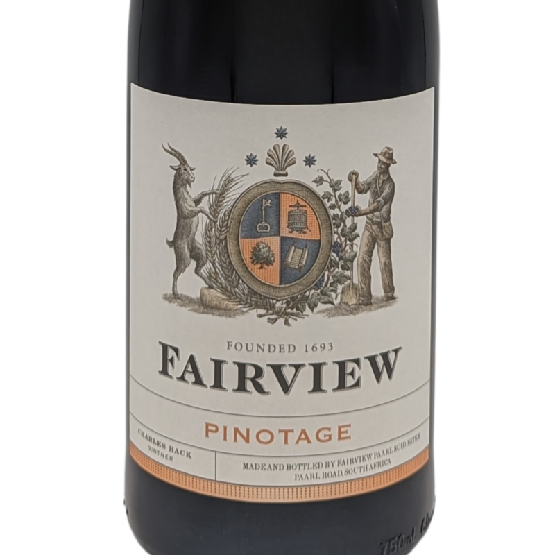 Front label of a bottle of Fairview Pinotage