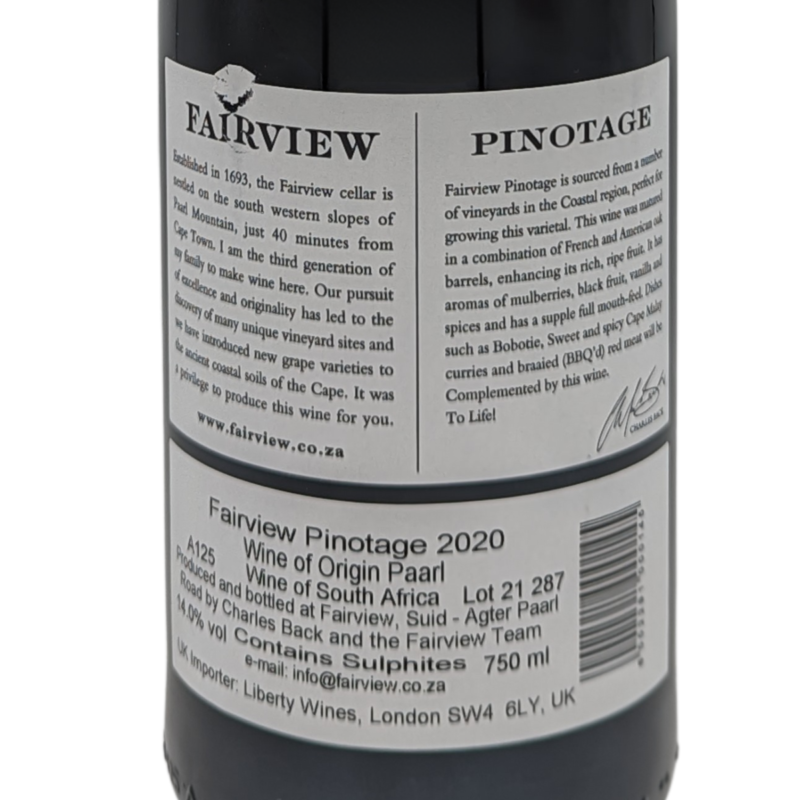 Back label of a bottle of Fairview Pinotage