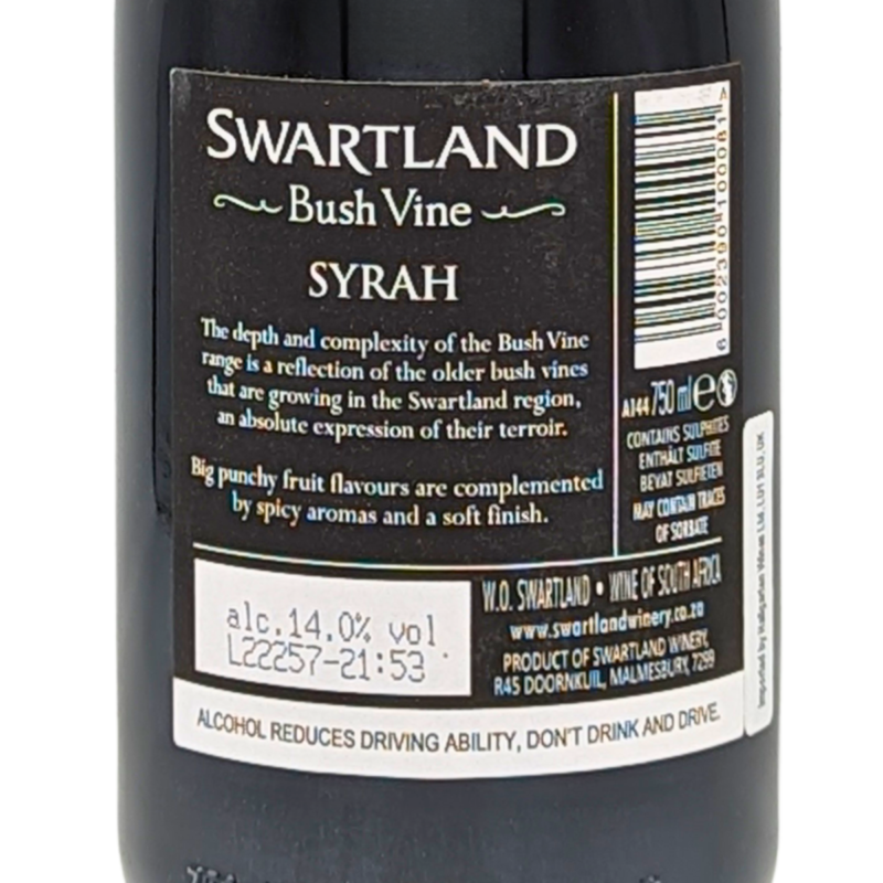 back of a bottle of swartland bush vine syrah
