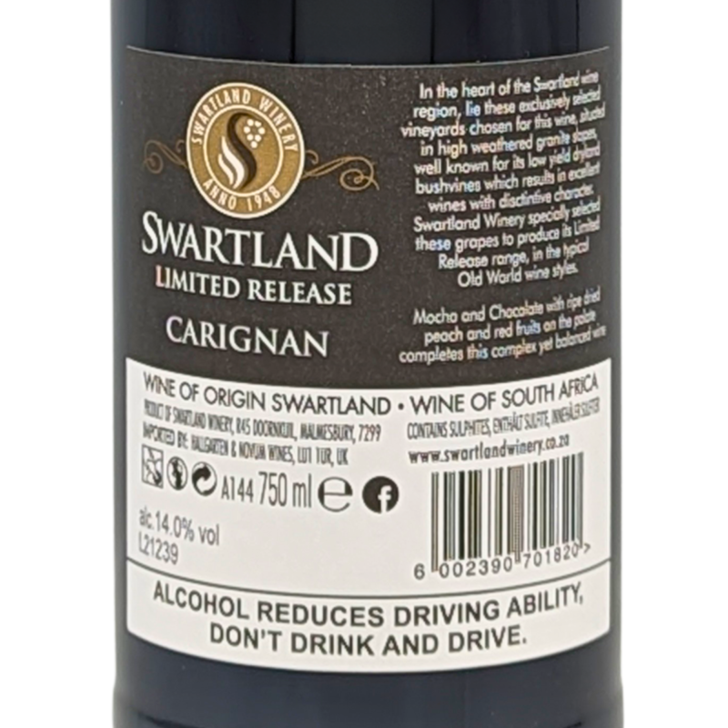 back label of a bottle of swartland carignan