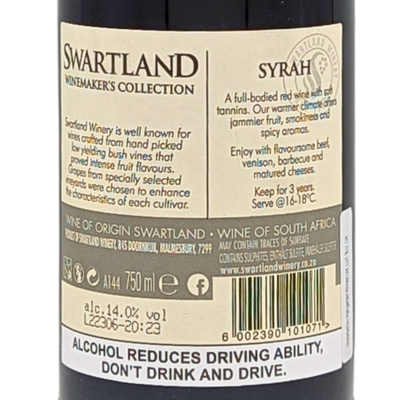 back of a bottle of swartland syrah