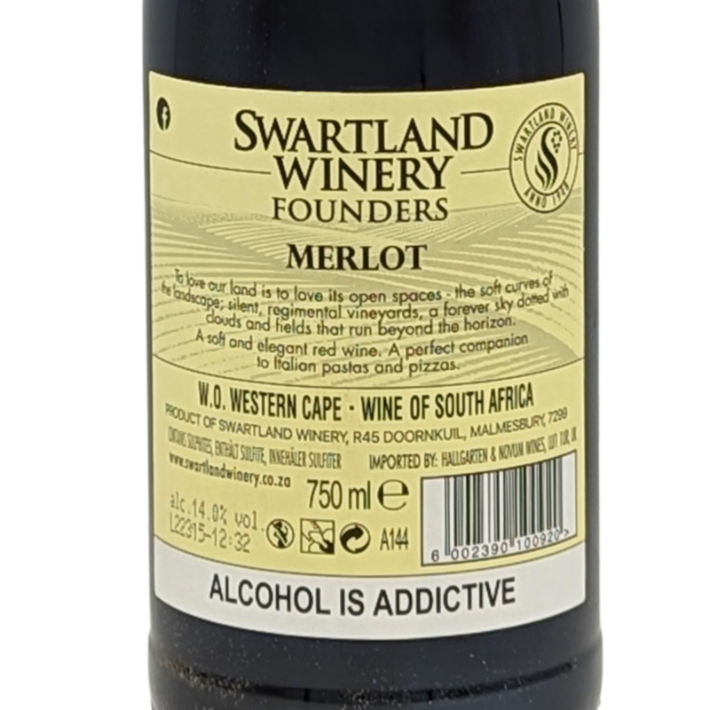 back label of a bottle of swartland winery merlot