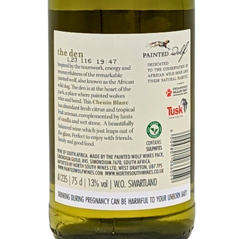 back label of a bottle of the den painted wolf chenin blanc