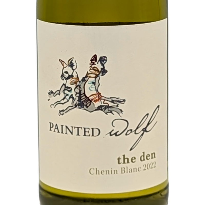 front label of a bottle of the den painted wolf chenin blanc