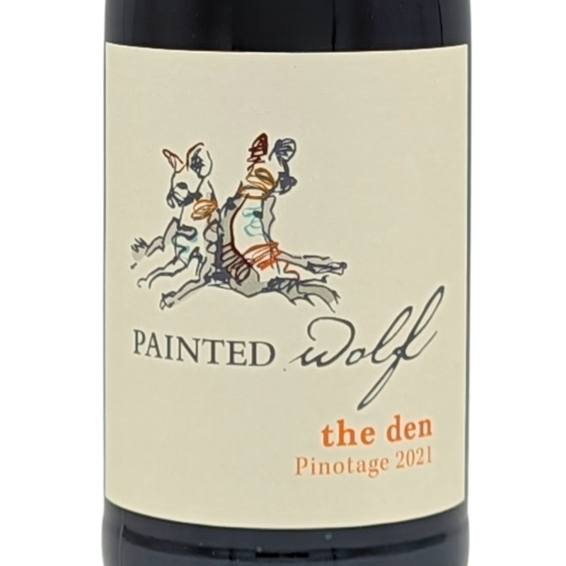 front label of a bottle of the den painted wolf pinotage