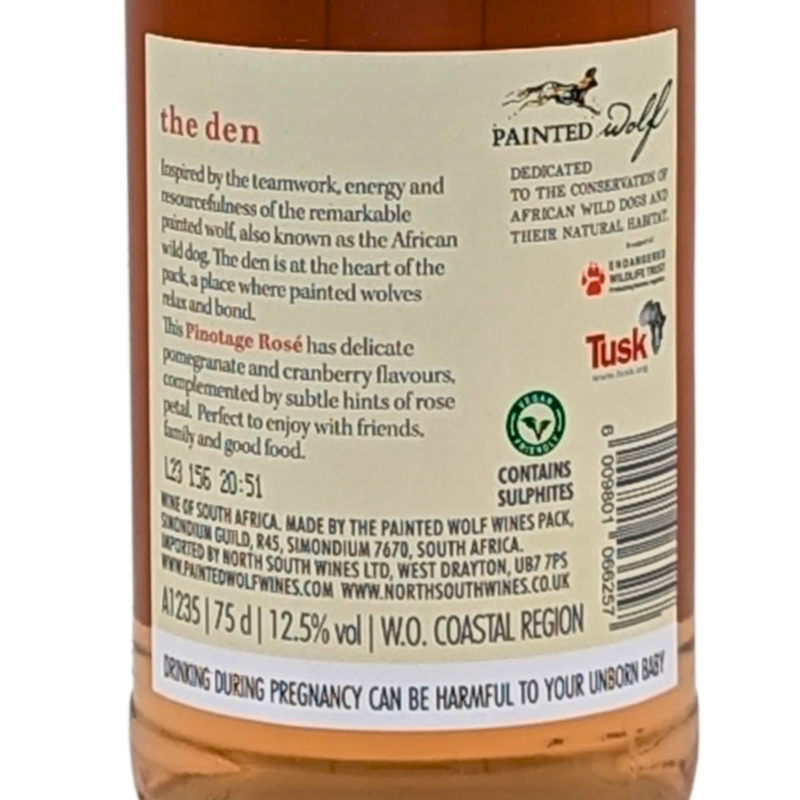 back label of a bottle of the den painted wolf pinotage rose