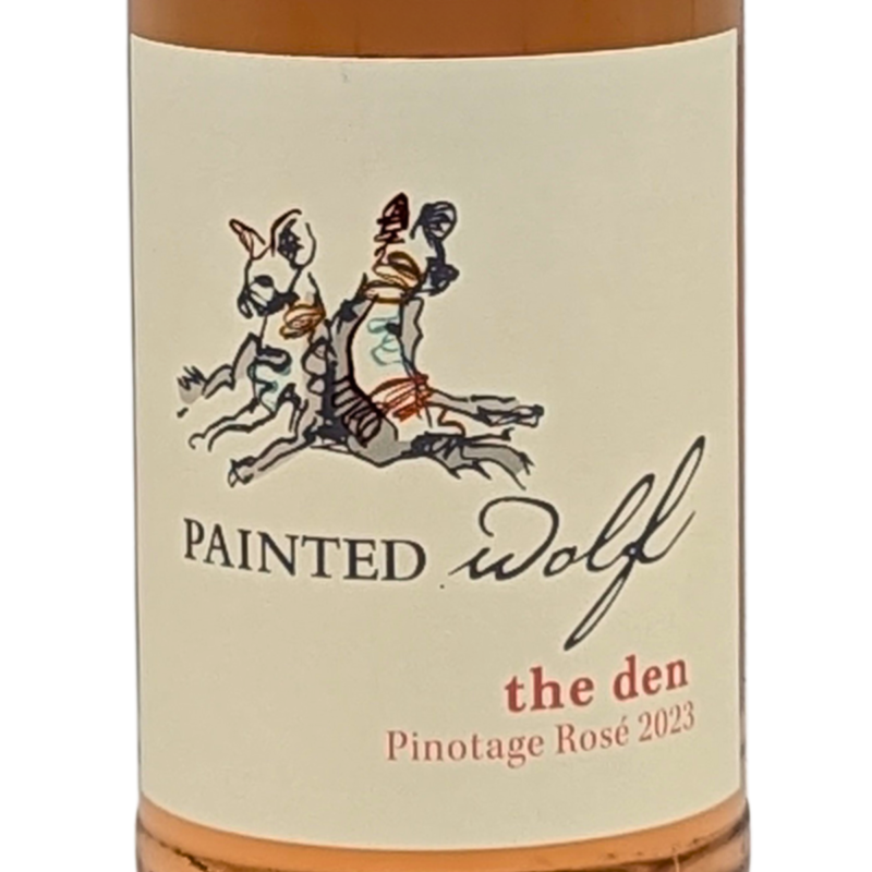 front label of a bottle of the den painted wolf pinotage rose