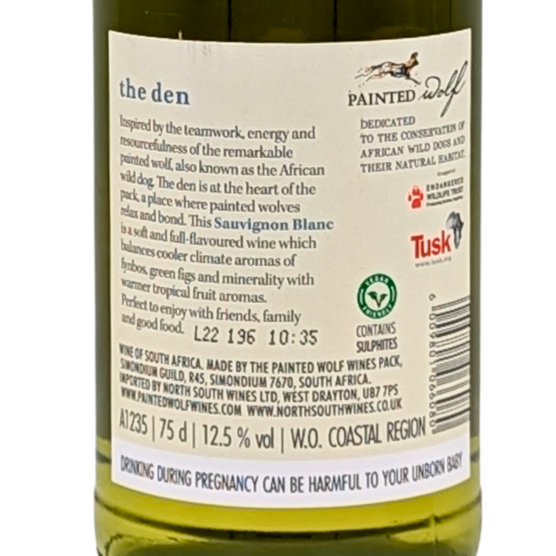 back label of a bottle of the den painted wolf sauvignon blanc