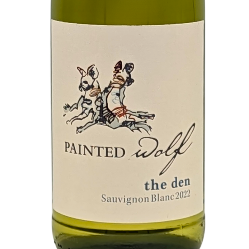front label of a bottle of the den painted wolf sauvignon blanc