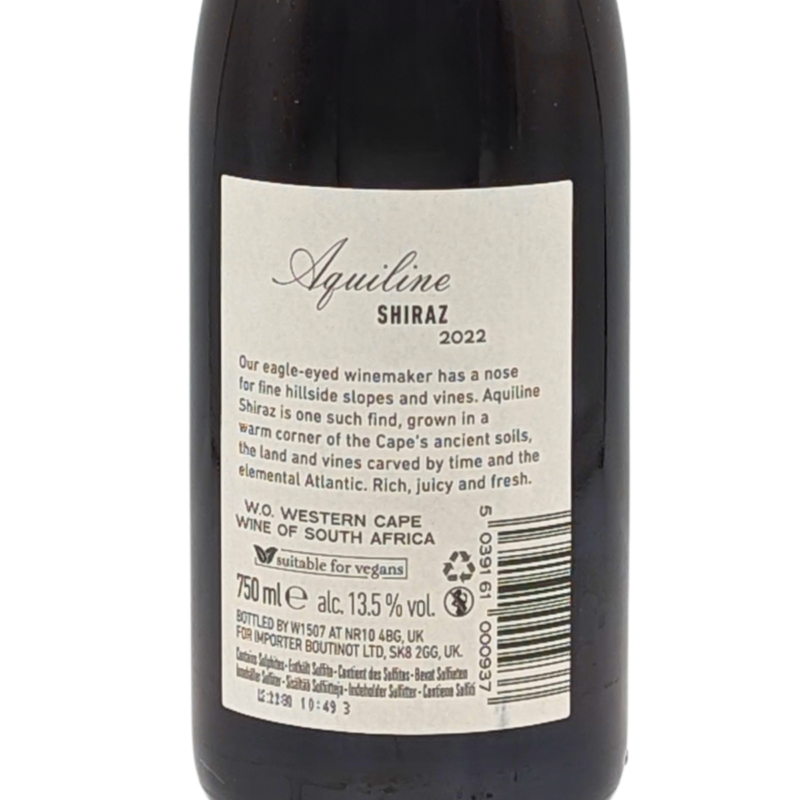 back label of a bottle of Aquiline Shiraz