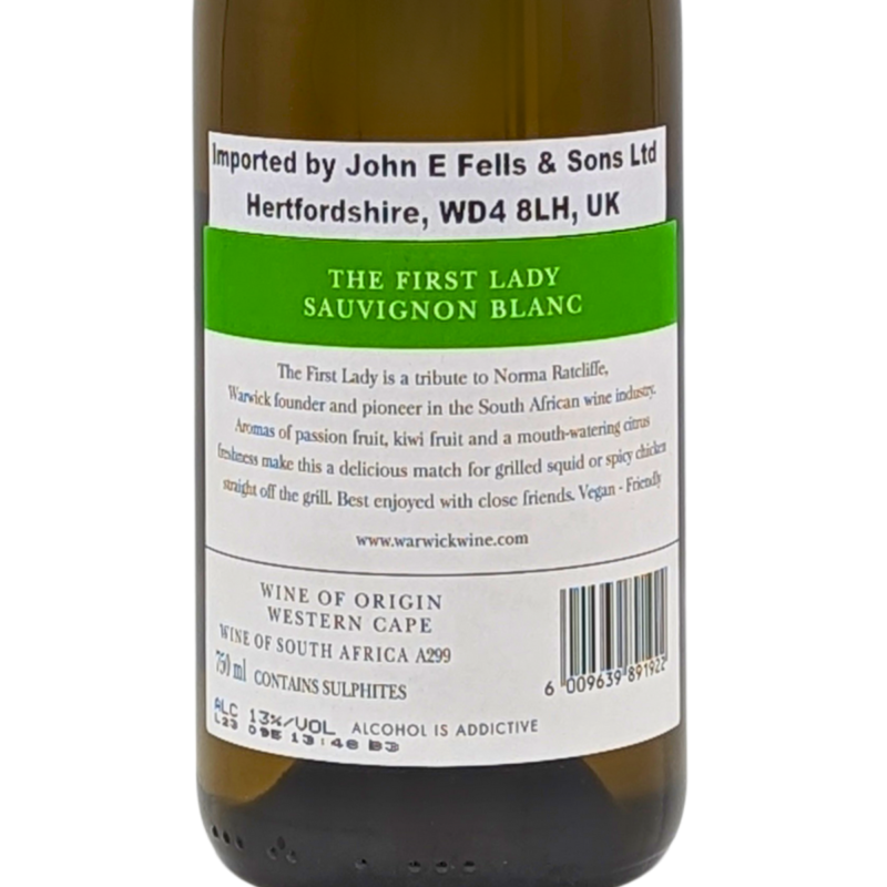 Back label of a bottle of First Lady Sauvignon Blanc