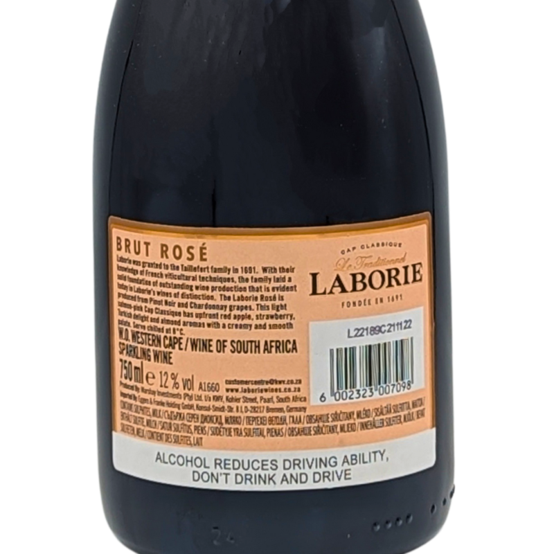 Back label of a bottle of Laborie Rose NV Sparkling